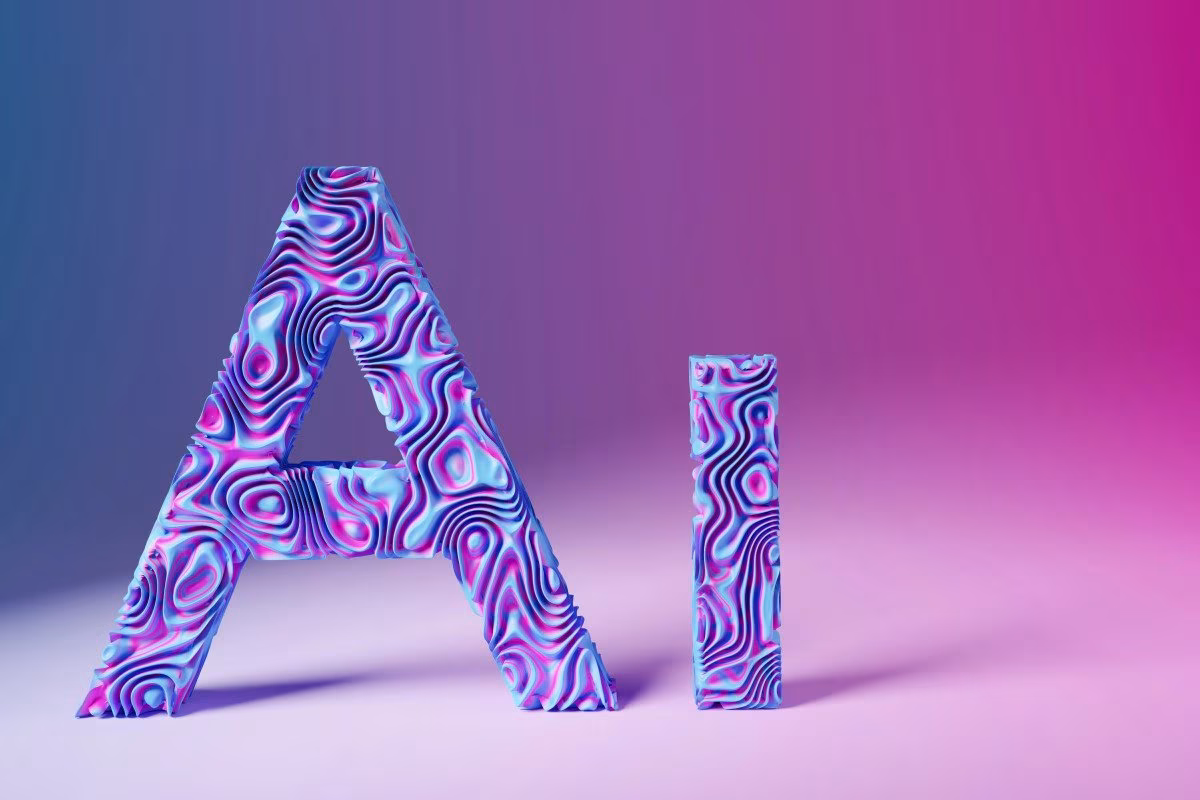 AI text art with wavy patterns in blue, pink, and purple hues from Stockmark.it