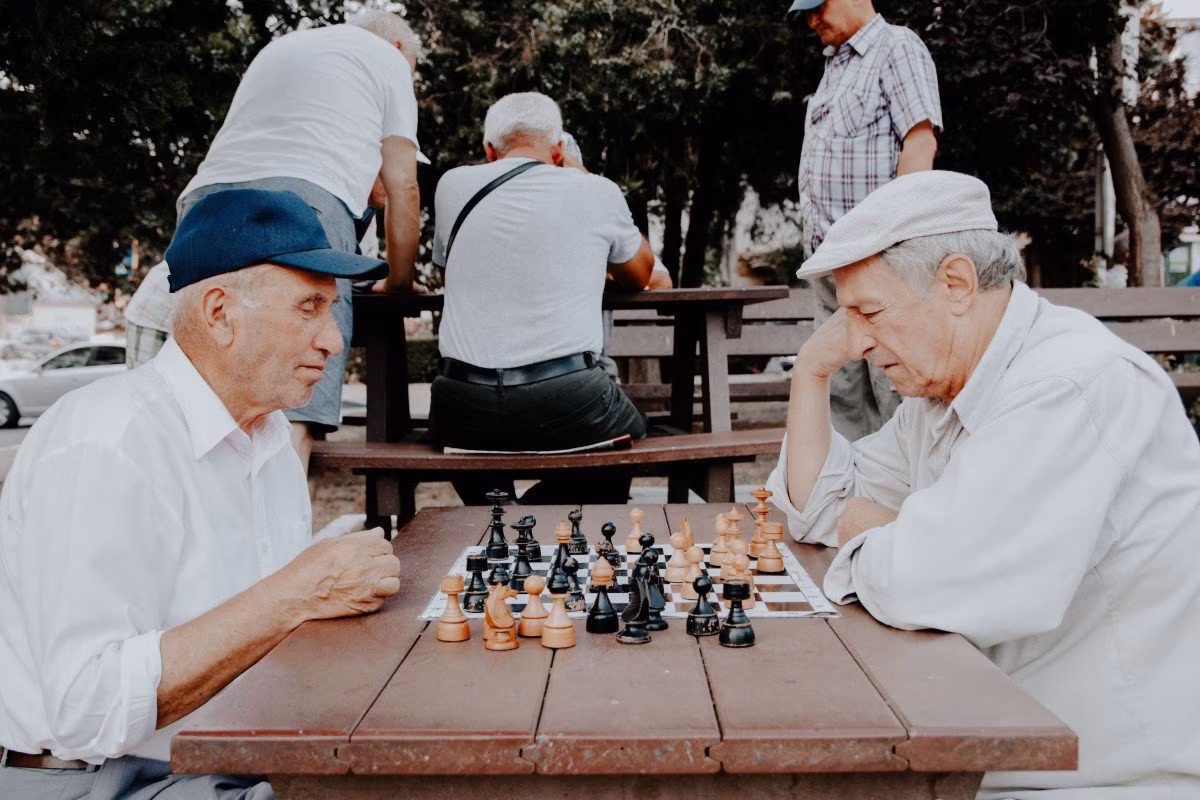 Elderly men playing chess outdoors, a scene of potential inactivity in care. from Stockmark.it