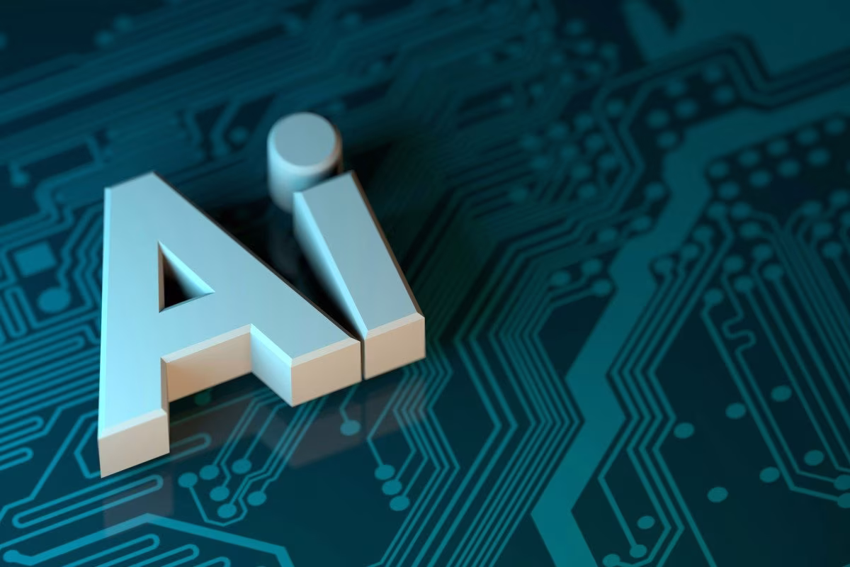 AI text on a circuit board background, symbolizing artificial intelligence. from Stockmark.it
