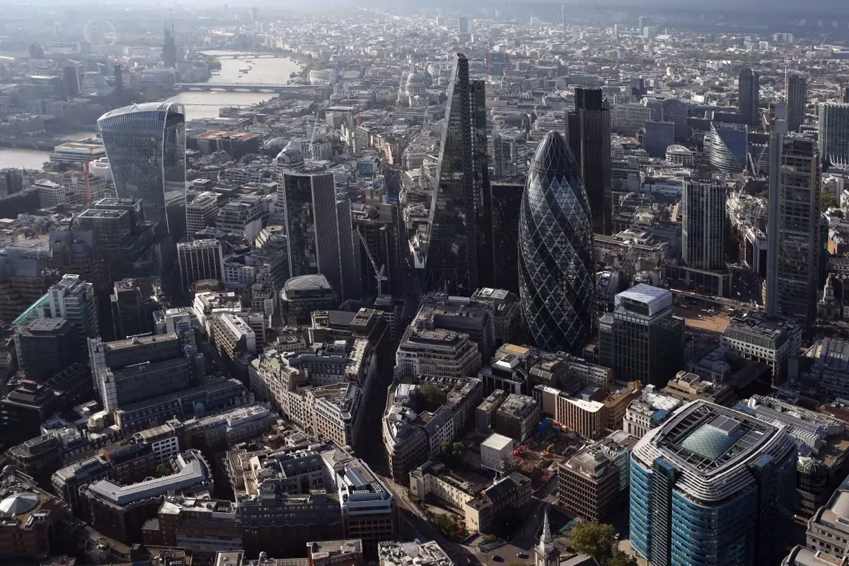 Aerial view of the London financial district skyline, including the Gherkin and other modern skyscrapers. from Stockmark.it