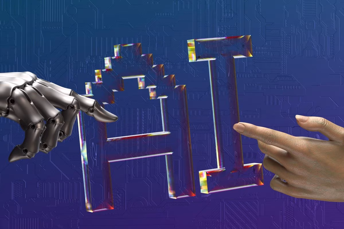 Robot and human hands interact with "AI" text, symbolizing sovereign AI in the UK. from Stockmark.it