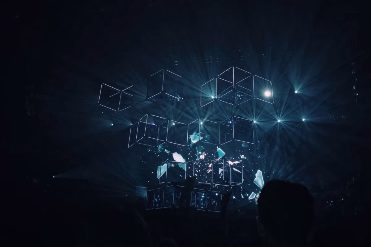 Abstract digital art installation with geometric shapes and light beams from Stockmark.it