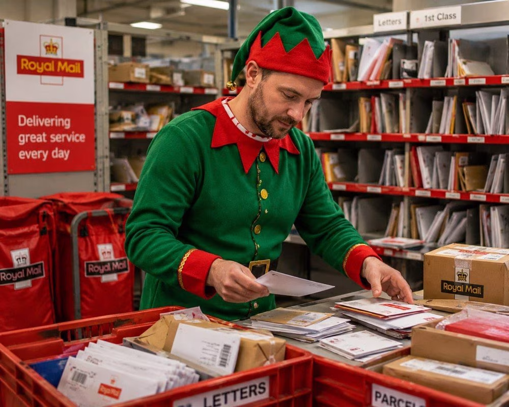 Man in elf costume sorting mail at Royal Mail with letters and parcels from Stockmark.it
