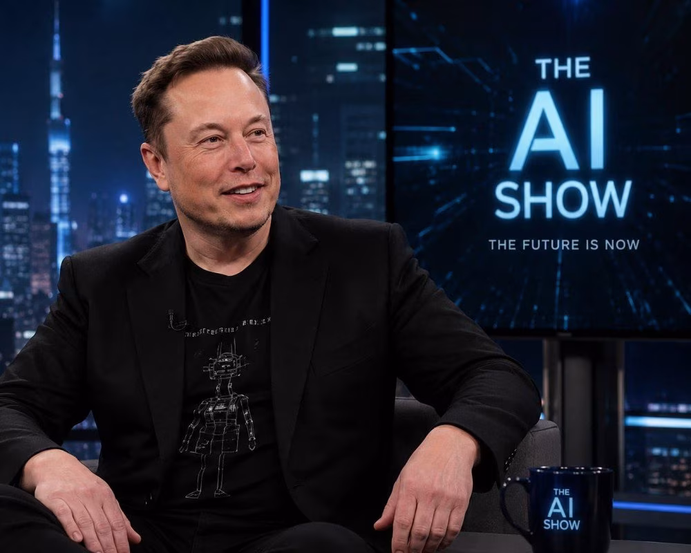 Elon Musk smiles on "The AI Show" set, discussing Tesla's AI needs. from Stockmark.it