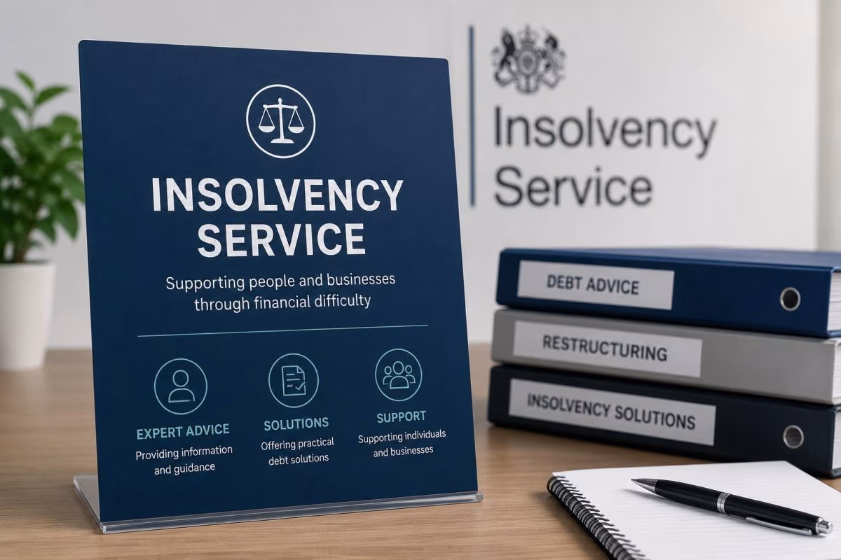 Insolvency Service sign with debt advice, restructuring, and solutions binders. from Stockmark.it