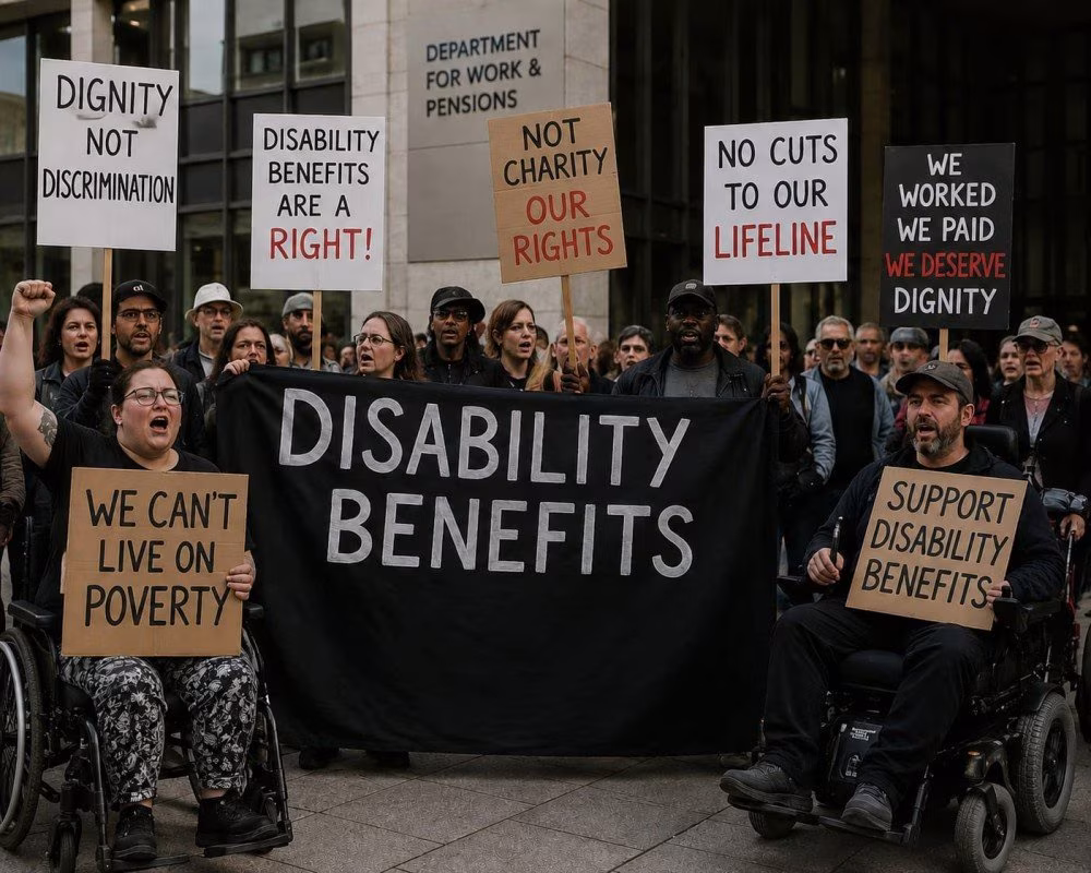 A diverse group of claimants protests outside a government building, holding signs like “DISABILITY BENEFITS,” “We can’t live on poverty,” and “Dignity not discrimination.” Some participants are in wheelchairs, voicing their concerns over the ongoing government review of disability benefits. @ stockmark.it