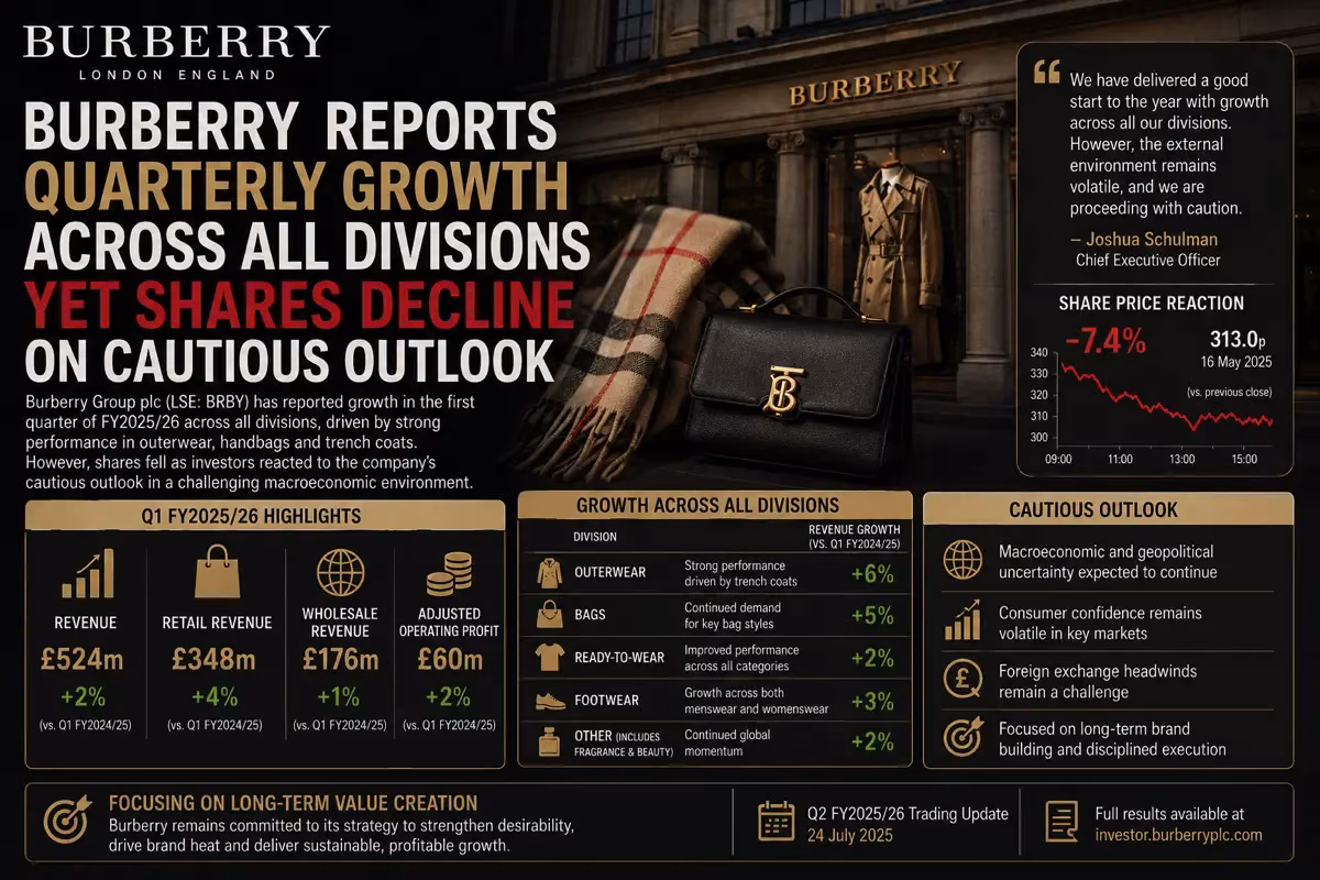 Burberry reports Q1 FY25/26 growth, yet shares decline. Includes financial data. from Stockmark.it
