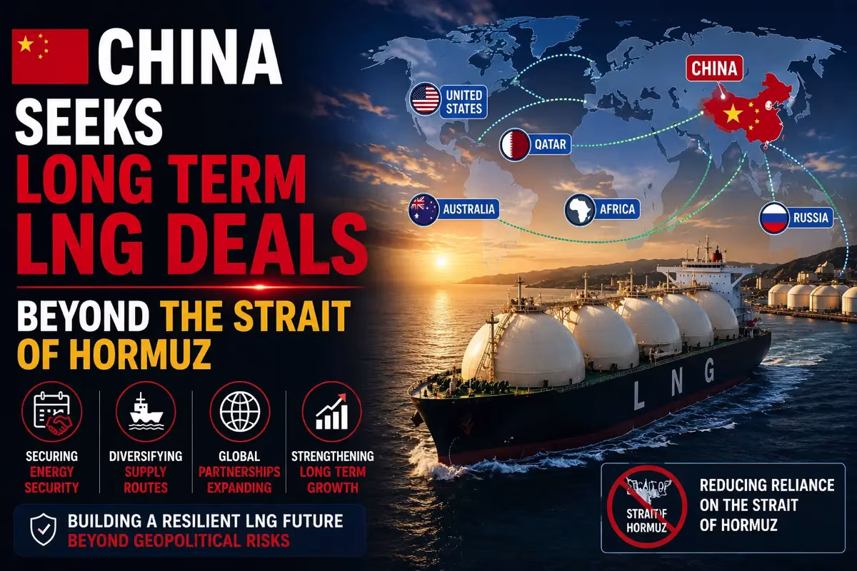 China seeks long term LNG deals beyond Strait of Hormuz, showing LNG tanker & world map. from Stockmark.it