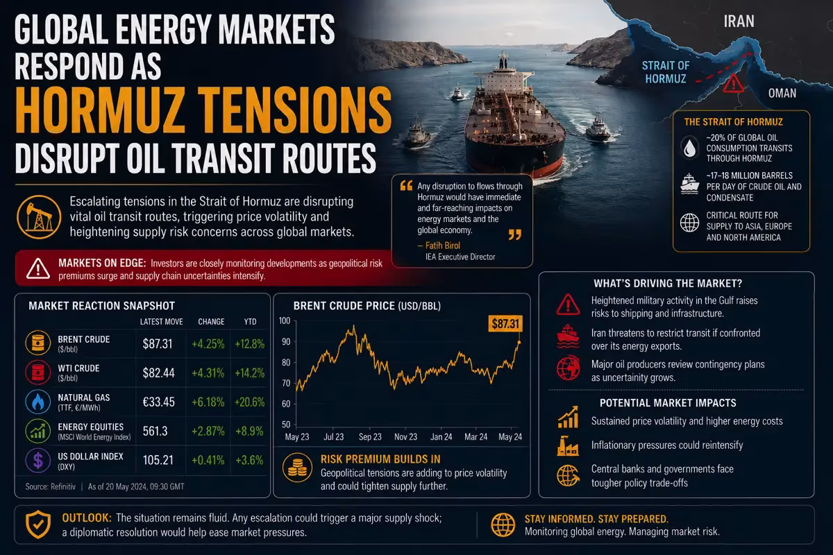 Global energy markets graphic: Hormuz tensions disrupt oil transit routes. from Stockmark.it