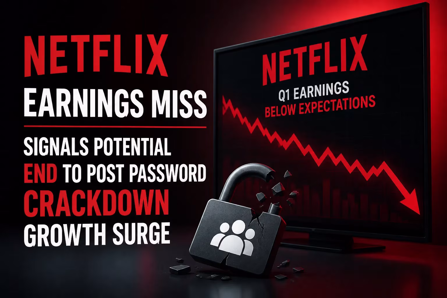 Netflix Q1 earnings miss: cracked padlock and red downward graph. from Stockmark.it