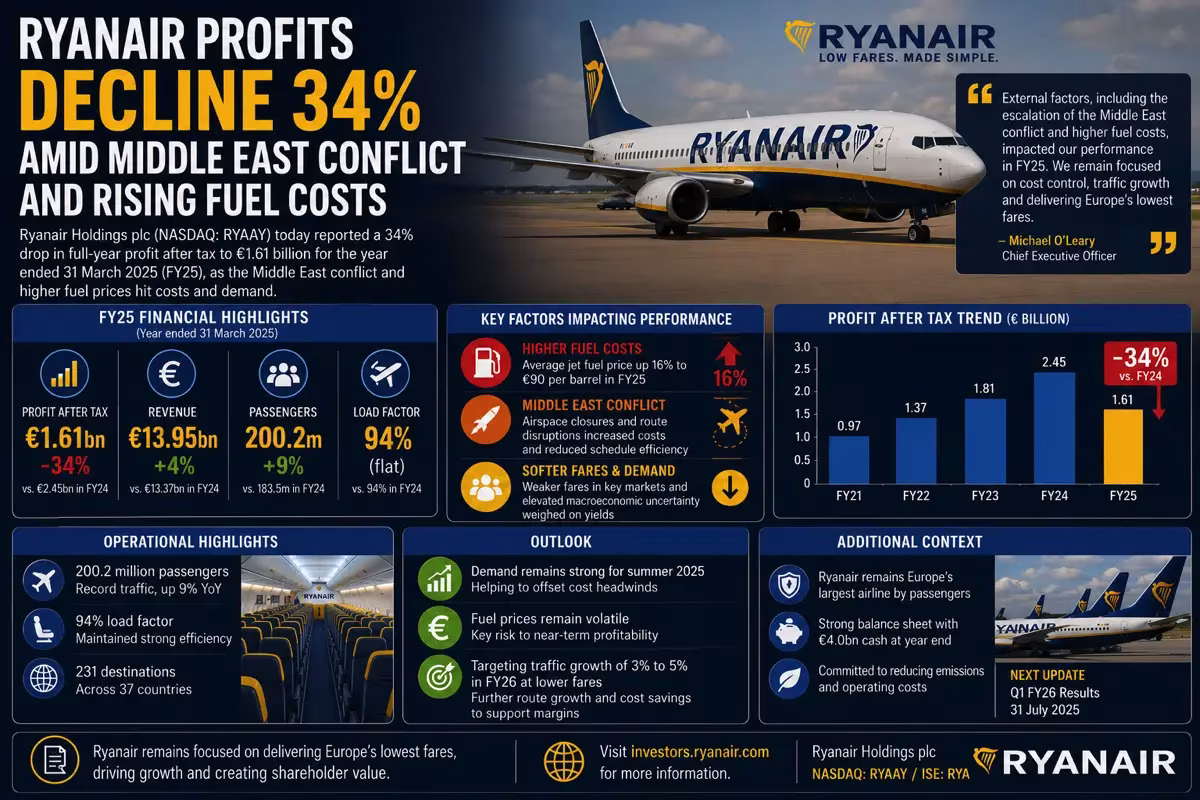Ryanair profits down 34% due to fuel costs and conflict; infographic details financial highlights. from Stockmark.it